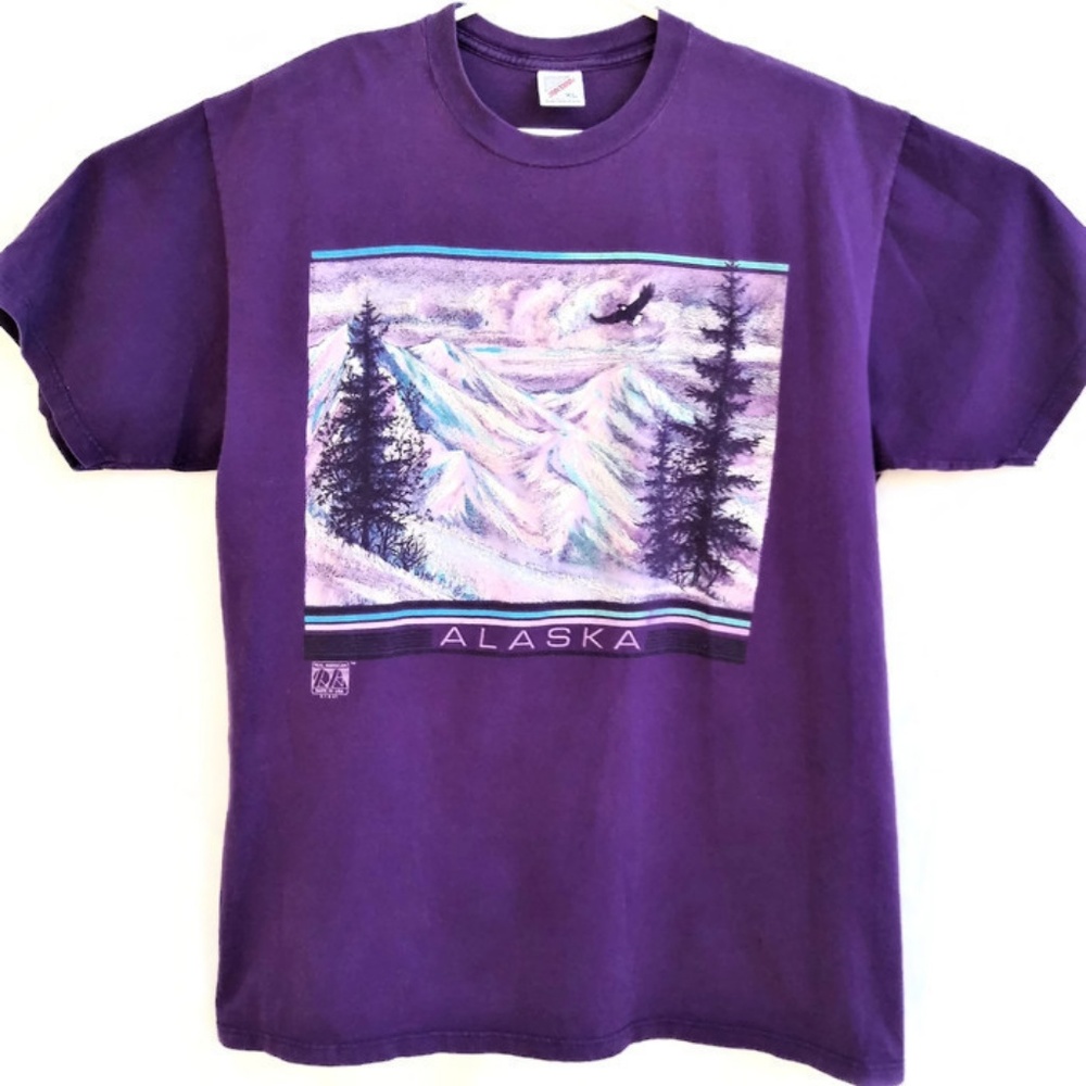 Alaskan Vintage Purple Graphic T Shirt Jerzees 1991 Glitter Mountain Eagle XL - Picture 2 of 6